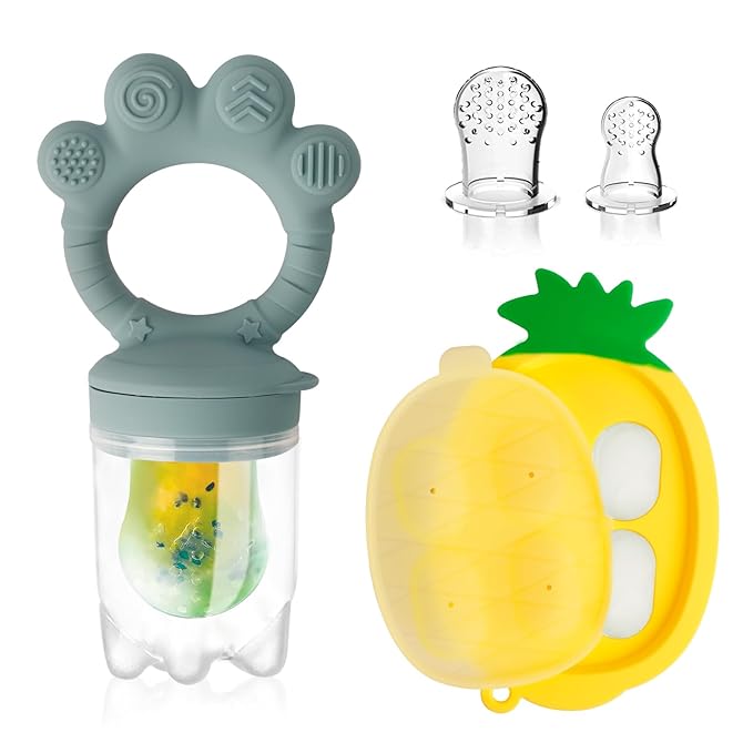 Baby Fruit Food Feeder - Silicone Nibble Tray Combo - Breastmilk Popsicle Mold for Cooling Relief, BPA Free Mesh Feeder for Infant Self Feeding (Claw Blue + Pineapple)
