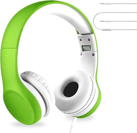 LilGadgets Connect+ Wired Kids Headphones for School with Mic, Volume Limited & Noise Reduction, On-Ear Headset with Cord, SharePort Technology for Multiple Kids & SoftTouch Padding, Green