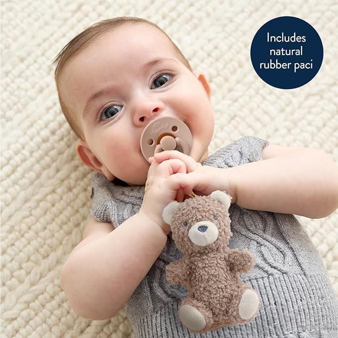Itzy Ritzy Pacifier & Lovey Set - Natural Rubber Paci with Stuffed Animal Lovey - Detachable Plush Bear Pacifier Holder & Coordinating Natural Rubber Soother, Ideal for Ages 0-6 Months (Bear)