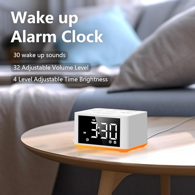 【3 in 1】 Sound Machine Dual Alarm Clock Night Light White Noise Machine 27 Sleeping Sounds for Adults Kids Precise 32 Level Volume Sleep Timer Memory Function Digital Clock with 30 Wake Up Sounds