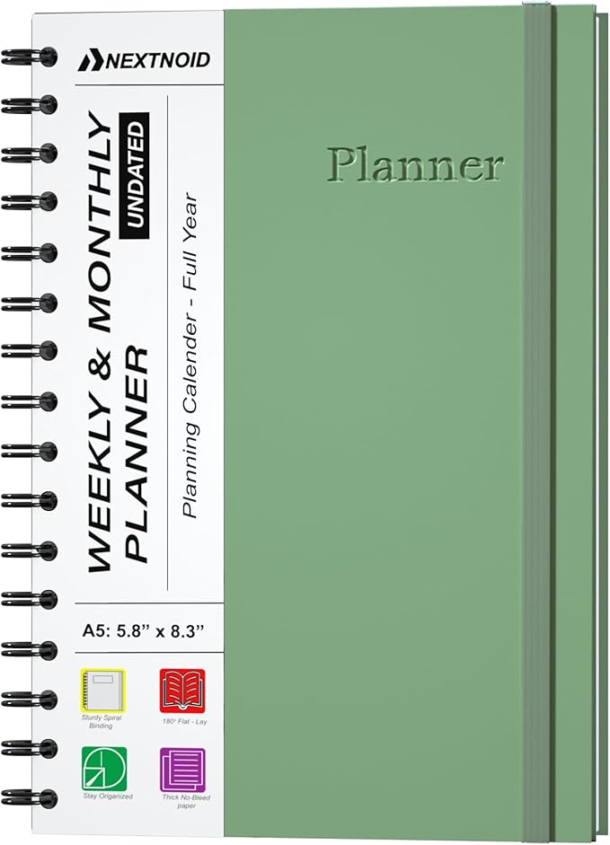 Undated Monthly and Weekly Planner - 12 Month Calendar Planner Notebook with Week Days - Hardcover Undated Planners Blank Agenda Book - A5 Green