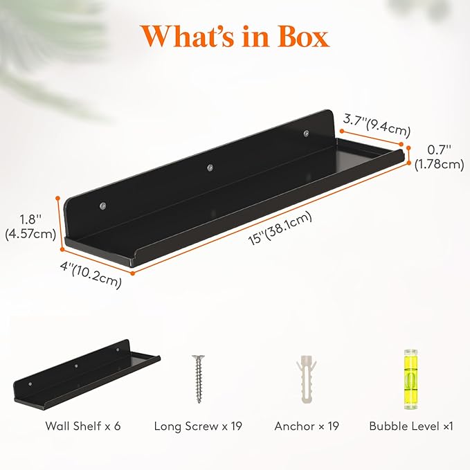 Lifewit Floating Shelves for Wall, 6 Pack Black Acrylic Shelf 15" Room Decor for Bookcase/Vinyl Record Display/Photo/Picture in Bedroom, Living Room, Bathroom, Kitchen Storage and Organization