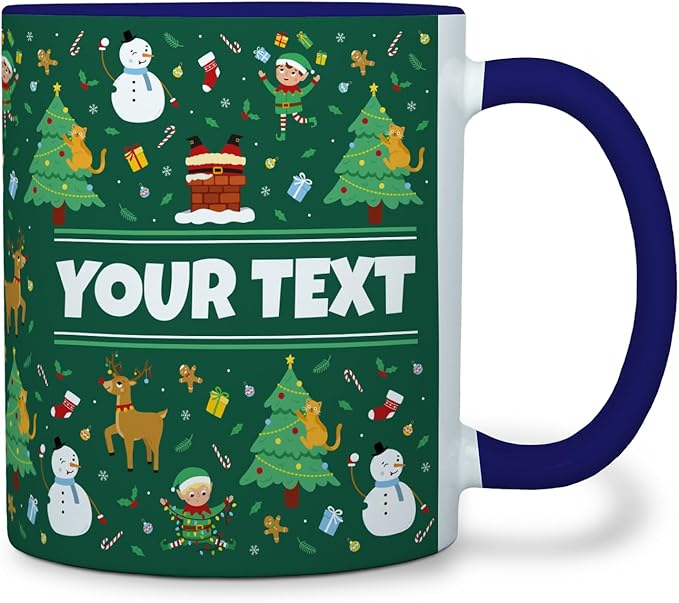 Personalized Mug for Kids - Christmas - Custom Name/Text, Ceramic Hot Chocolate/Cocoa/Coffee Cup for Boys/Girls, Holiday/Birthday Gift - 11 oz, Navy Blue Handle