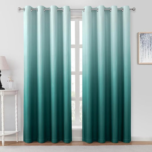 HOMEIDEAS Teal Ombre Blackout Curtains 52 X 96 Inch Length Gradient Room Darkening Thermal Insulated Energy Saving Grommet 2 Panels Window Drapes for Living Room, Bedroom