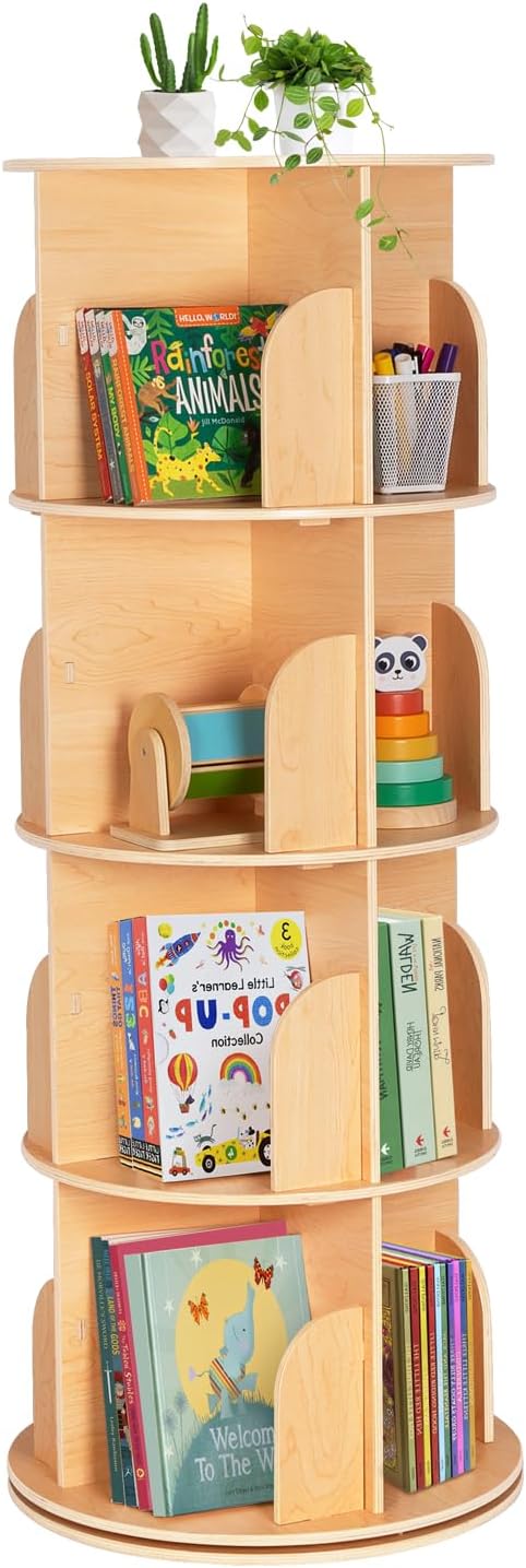 OOOK Rotating Bookshelf for Kids & Adults, Spinning Bookshelf Tower with Large Capacity for Small Space, 360° Display 4 Tier Floor Small Round Corner Shelf for Library, Bedroom, Living Room, Office