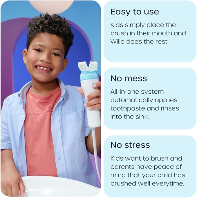 Willo Fully Automatic Kids U-Shaped Electric Toothbrush - 2 Brushing Timers, Deep-Cleans, Consistent Results, Eliminates Brushing Mistakes - Berry Splash (Medium - Kids Ages 8-11 Years)