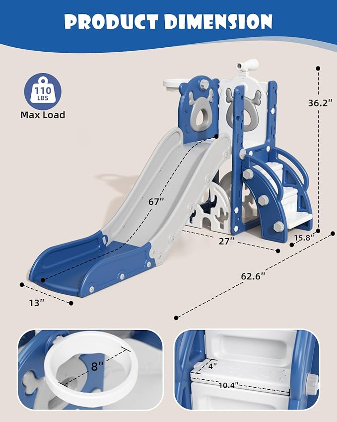 XJD 7 in 1 Toddler Slide, Kids Indoor Slide for Toddlers 12 to 36 Months, New Upgrade with Golf, Basketball Hoop for Indoor Outdoor Playset,Toddler Playground (Blue Gley)