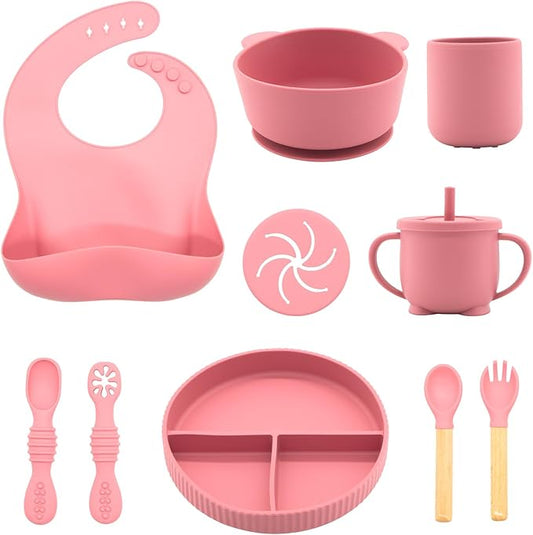 Silicone Baby Feeding Set 10 Pcs, Baby Led Weaning Supplies, Baby Feeding Supplies Set BPA Free, Baby Essentials for Newborn Gift Red