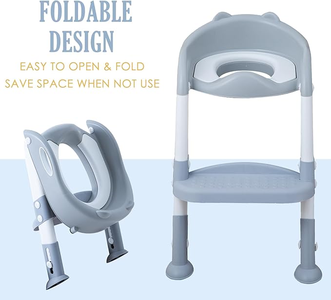 Potty Training Toilet Chair Seat with Step Stool Ladder for Kids and Toddler Boys Girls - Foldable Height Adjustable Children Toilet Training Seat with Safe Handles & Anti-Slip Pads, White-Grey