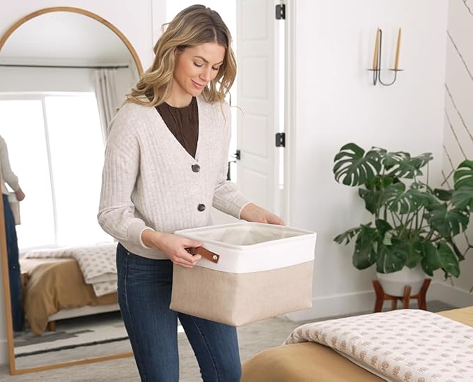 OrganiHaus Large Fabric Storage Baskets for Shelves 3 Pack, 15x11in Closet Storage Bins for Shelves, Cloth Baskets for Organizing, Linen Closet Organizers, Fabric Basket, Beige/White