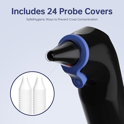 Ear Thermometer, Highly Accurate Ear Thermometer for Kids, Adults and Babies, 30 Memory Recall, 1s Result and 3-Color Fever Alert, with 24 Disposable Probe Covers, Blue