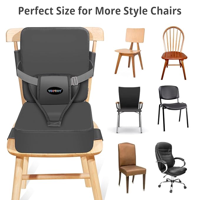 Toddler Booster Seat for Kitchen Chair, 2-in-1 Dining Table Booster Seat with Backrest & Adjustable Straps – Easy-Clean, PU Portable Toddler Eating Travel Increasing Cushion - Dark Grey