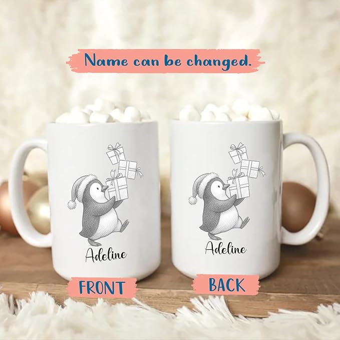 Personalized Penguin Accent Coffee Cup With Name, Cute Penguins Ceramic Mug Gift For Granddaughter Grandson Birthday, Customized Name Penguin White Coffee Mug 11 15 Oz, Novelty Penguins Lover Teacup