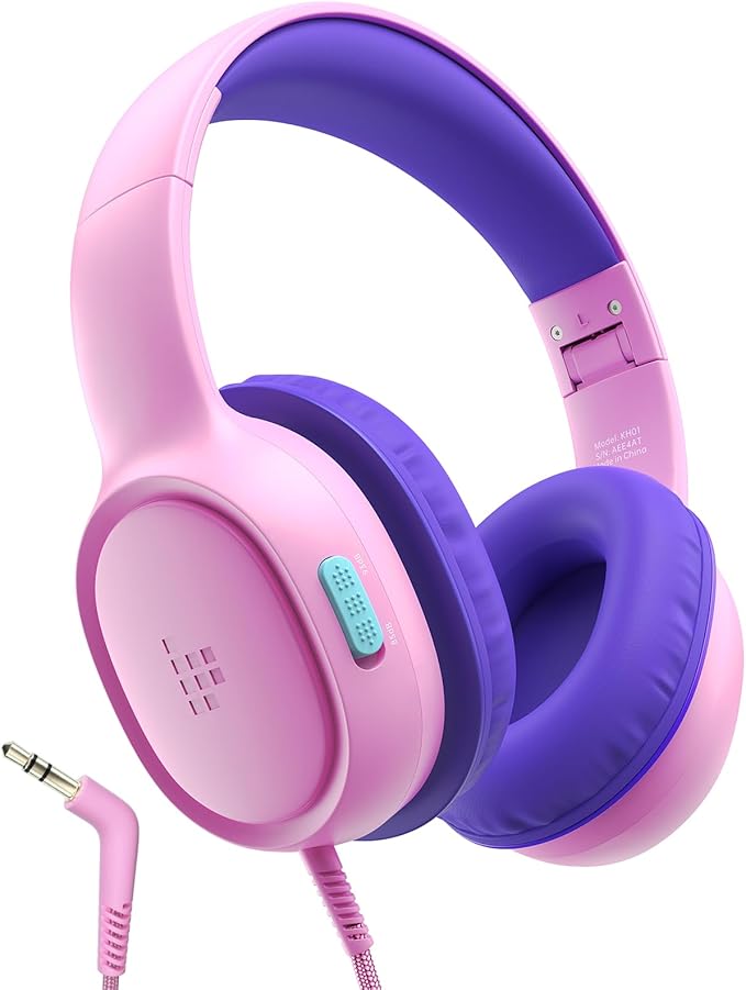 Tronsmart KH01 Kids Headphones - Foldable Over-Ear With Safety Volume 85/93dB, HD Stereo, 3.5mm Jack for Boys/Girls/School/Kindle/Travel/Tablets (Pink)