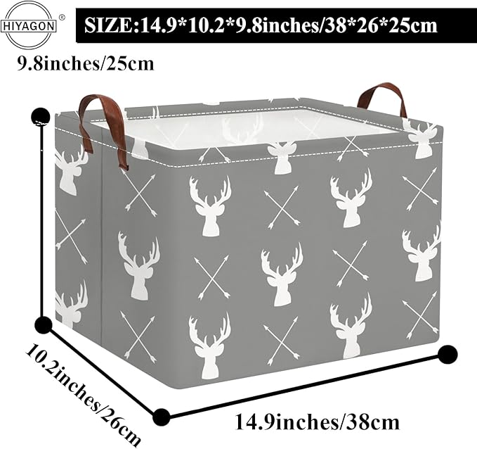 HIYAGON Baby Basket Cute Toy Bin for Boys and Girls Kids Storage Bin Organizer Box Gift Basket Empty Rectangular Deer Room Decor for Home(Grey deers)
