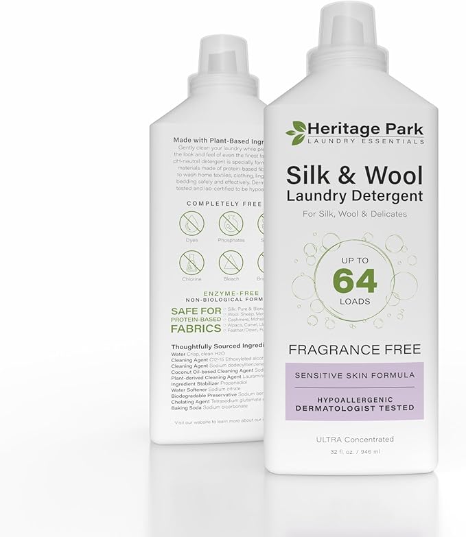 Heritage Park Silk & Wool Fragrance Free, Hypoallergenic, pH-Neutral Laundry Detergent – Dermatologist-tested, Sensitive Skin-Friendly, Enzyme-Free, Concentrated Up to 64 loads (32 fl oz)