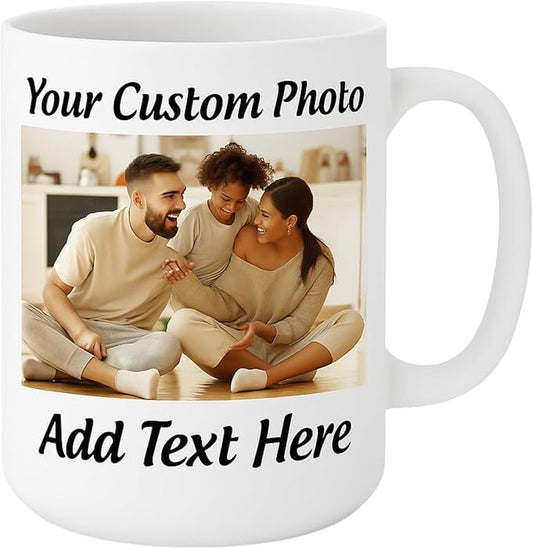 Customized 15oz Ceramic Coffee Mugs with Personalized Text and Photo Image Upload Novelty Gift, Personalize With Different Design And Images, Custom Gift (White)