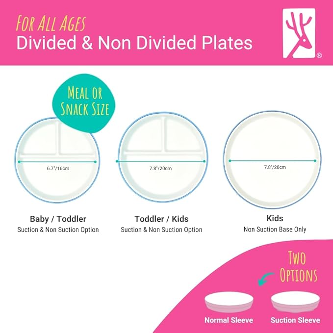 Elk and Friends Kids 6.7” Porcelain Divided Plates with Silicone Sleeves | Suitable for Babies/Kids/Toddlers | Microwave & Dishwasher Safe | Non Slip | Snack Dishes