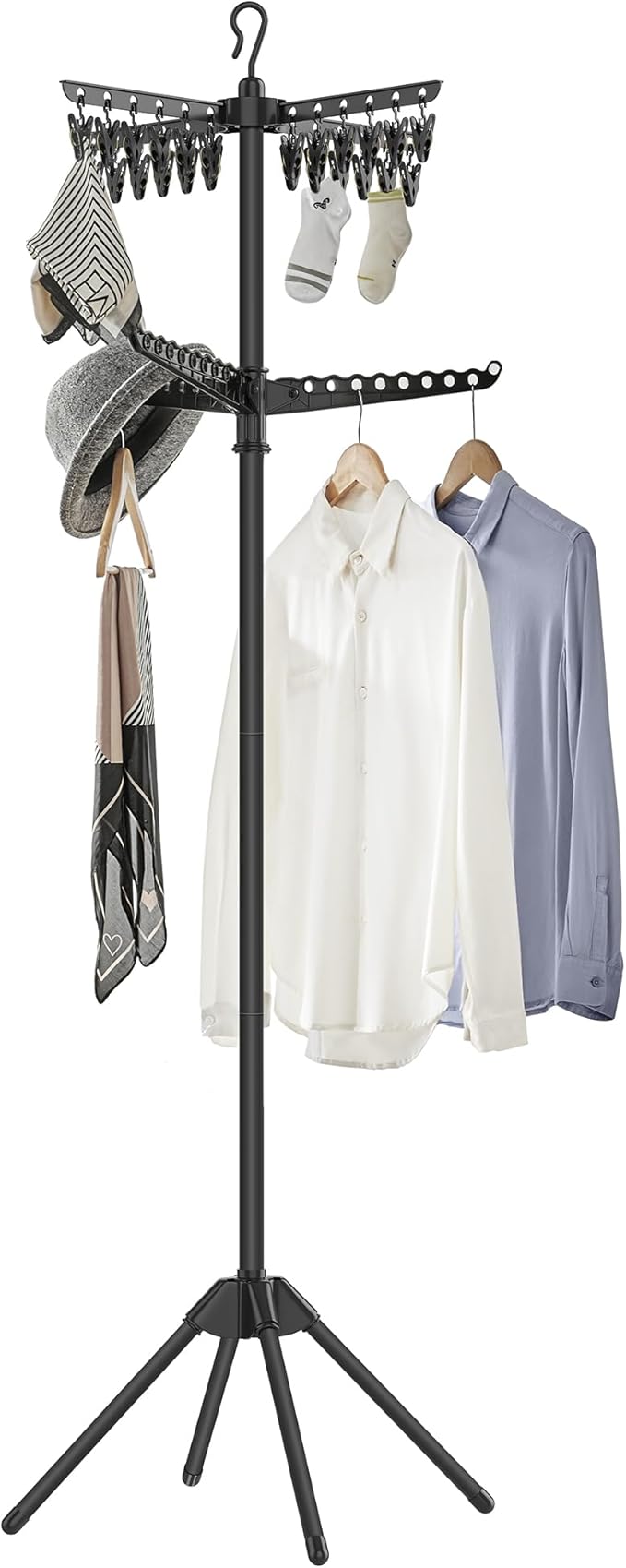 SONGMICS 2-Tier Clothes Drying Rack, 72-Inch Folding Laundry Drying Rack with 3 Rotatable Arms for Hangers, 24 Clips, Stainless Steel, for 27 Pieces of Clothes, Black ULLR512B01