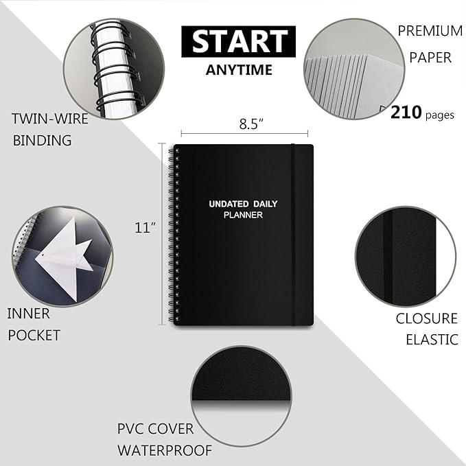 Undated Daily Planner - Undated Planner with Hourly Schedules, Action Items and Follow-up, A4 Daily Organizer Notebook to Increase Productivity, Appointment Book for Time Management, 8.5 × 11 Inch