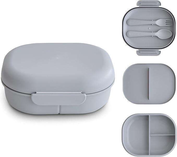mushie Kids Bento Lunch Box | 3-Compartment & Removable Divider + Fork & Spoon Utensils | Great For Meals, School, Snacks On-the-Go | Dishwasher Safe (Cloud)