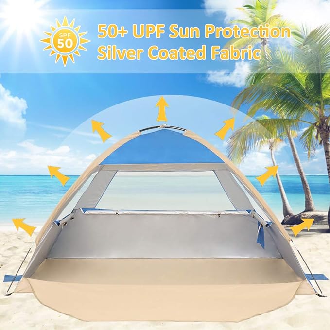 Gorich Beach Tent Sun Shelter for 3/4-5/6-7/8-10 Person with UPF 50＋ UV Protection, Lightweight & Easy Setup Beach Shade Canopy, Portable Beach Shade Tent Beach Cabana