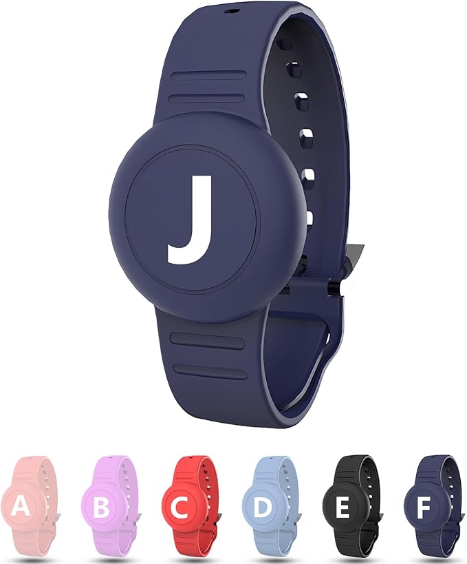 Waterproof Bracelet for AirTag Kids, Personalized Initial Letter Hidden Holder Compatible with Air Tag, Silicone Case for Airtag Adjustable Anti-Lost GPS Tracker for Toddler Child Elder, J