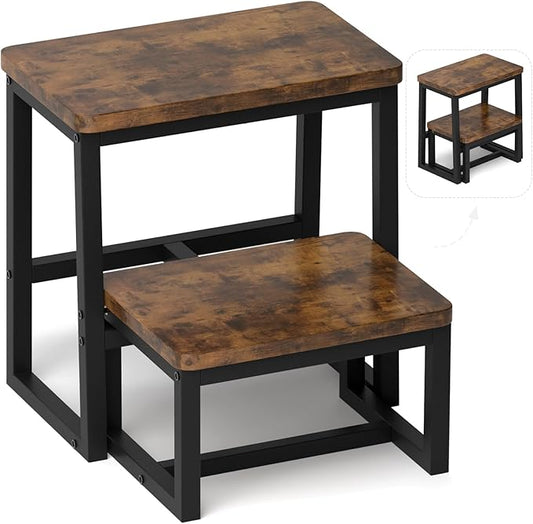 Step Stool for Adults & Kids,Holds up to 500Lb,3 in1 Heavy Duty Sturdy Wooden 2 Stepstool for Kichen/Bathroom/High beds, Metal Frame, Non-Slip Pads