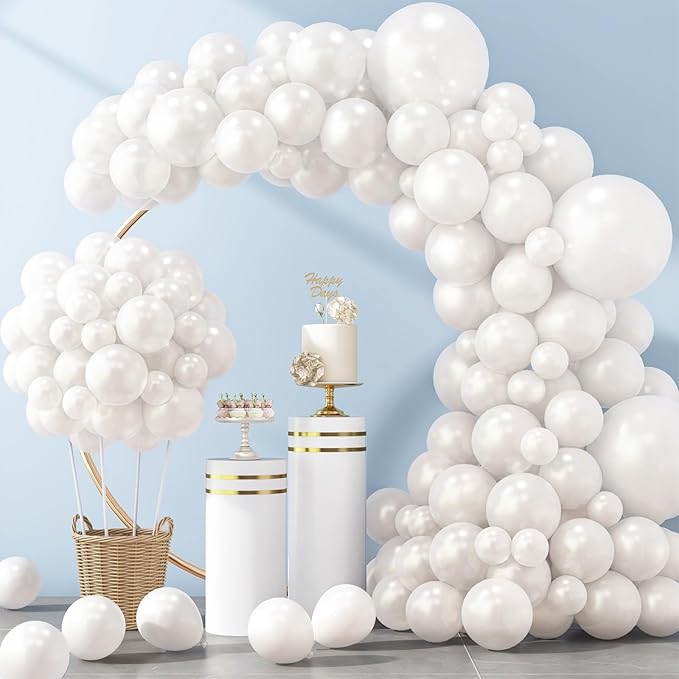 RUBFAC 129pcs Pearl White Balloons Different Sizes 18 12 10 5 Inch for Garland Arch Kit, Latex Balloon for Wedding Engagement Anniversary Bridal Baby Shower Birthday Party Decoration