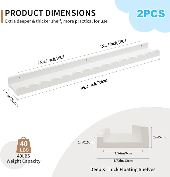 Nursery Book Shelves, Scalloped Floating Shelves Set of 2 Solid Pine Wood Wall Mounted Bookshelf with Wave Lip for Bedroom Kids, Toddler Room, Baby Room White 36inch