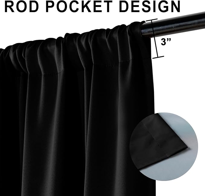 XWZO 100% Blackout Curtains 54 Inches Length with Tiebacks- Full Shade Window Drapes Thermal Insulated Double Layer with Black Liner for Bedroom/Living Room, Rod Pocket, Black, W52 x L54, Set of 2