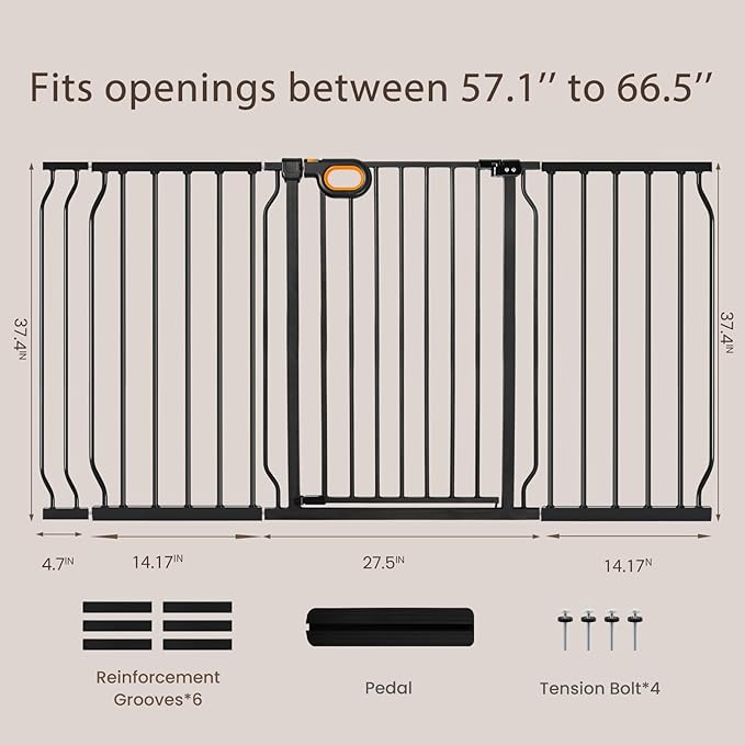 owlie 37.4" Extra Tall Wide Baby Gate for Stairs Doorways,57-66 Inch Extra Large Long Baby Gate with Door Indoor Safety Metal Pressure Mounted Pet Gate with Walk-Thru Auto Close, Black