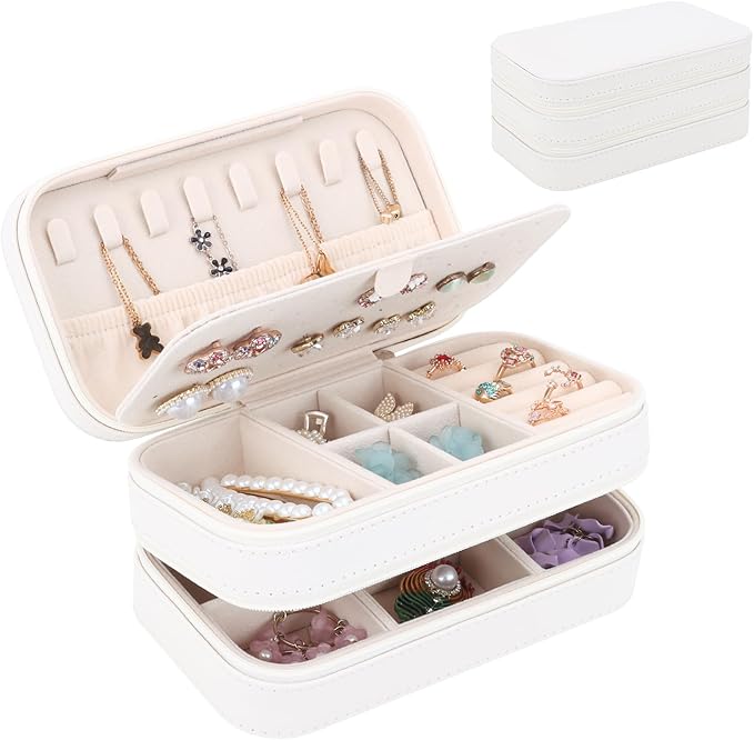 DesignSter Small Travel Jewelry Box with Double Zipper, 2 Layers PU Portable Jewelry Case for Women and Girls,Travel Jewelry Organizer for Rings, Earrings, Necklaces, Bracelets,Beige