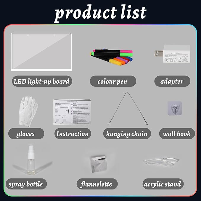 LED Drawing Board with Colors –13.7x9.84 Inch Acrylic Light-Up Message Board, Includes 7 Markers, Adapter, Stand, Hanging Chain, Soft Cloth, Spray Bottle, for Home, Office, Kitchen, and Bedroom