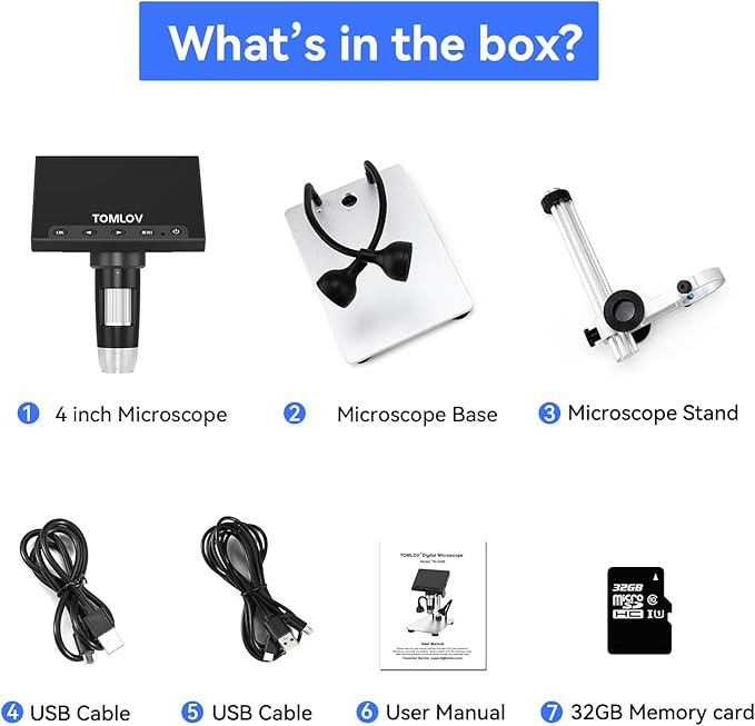 TOMLOV 1000X Coin Microscope with 4.3" Screen, Digital Microscope Magnifier with LED Lights, Metal Stand, PC View, Photo/Video, 32GB SD Card, Windows, macOS Compatible, DM4S