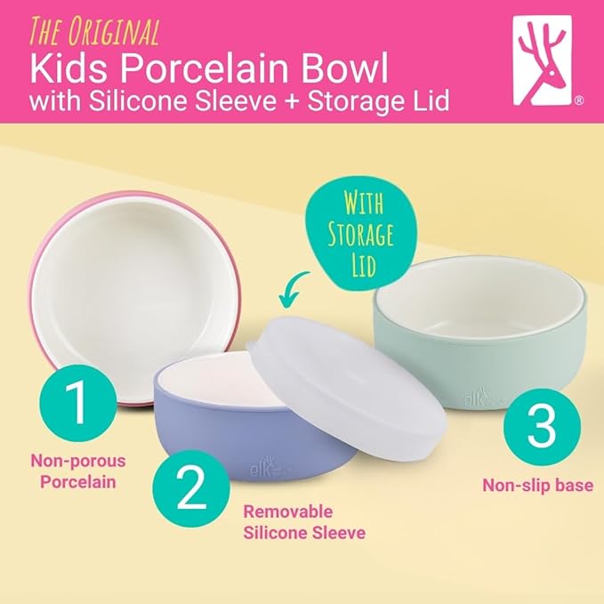 Elk and Friends Kids Porcelain Bowls with Silicone Sleeve + Silicone Lid | Kids/Toddler/Baby Feeding | Microwave & Dishwasher Safe | Non slip | Cereal/Soup/Snack Dishes & Dinnerware