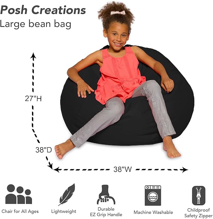 Posh Creations Bean Bag Chair Round EPS Filled Seat for Toddlers and Kids, Comfy Chair for Children, Large 38 Inch, Nylon - Solid Black