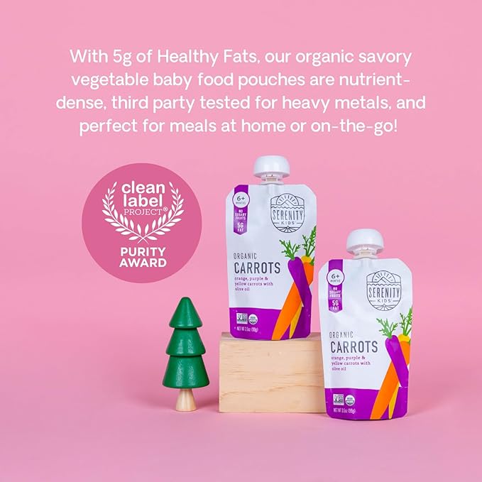 Serenity Kids 6+ Months USDA Organic Veggie Puree Baby Food Pouches | No Sugary Fruits or Added Sugar | Allergen Free | 3.5 Ounce BPA-Free Pouch | Carrots | 1 Count