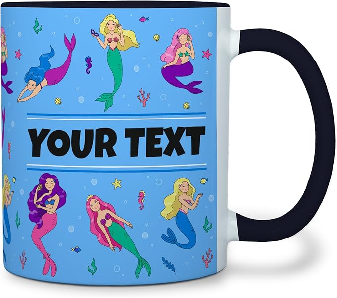 Personalized Mug for Kids - Mermaids - Custom Name/Text, Ceramic Hot Chocolate/Cocoa/Coffee Cup for Girls, Birthday/Christmas/Holiday Gift - 11 oz, Black Handle