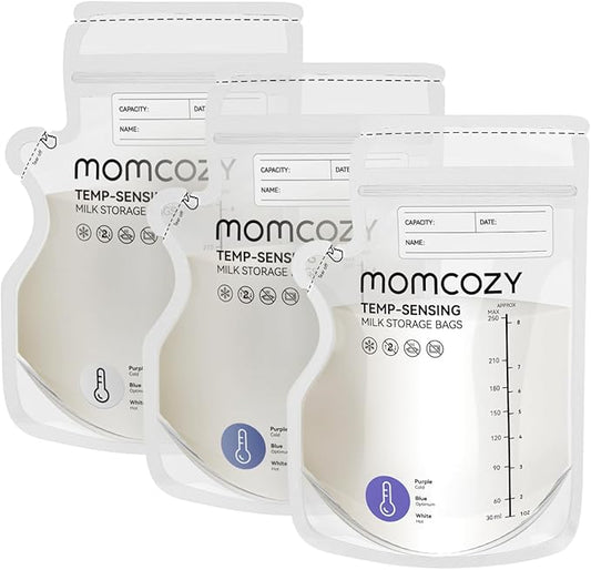 Momcozy Easy Pour Breastmilk Storage Bag, 8Oz, Temp-Sensing Color Change, 200 Count Milk Bag with Self Standing for Breastfeeding, No Leak Presterilized for Freezer, Recyclable & BPA Free