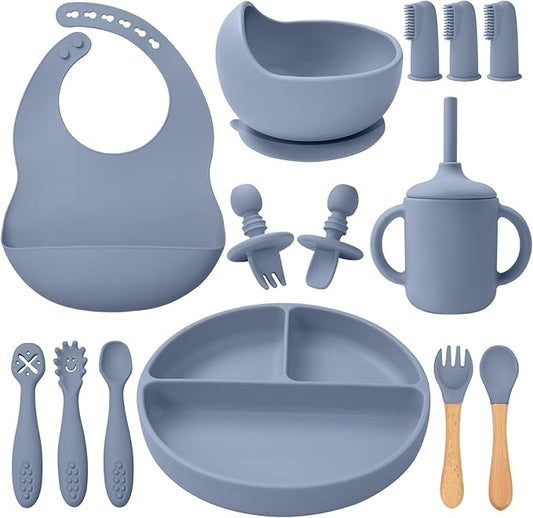 Silicone Baby Feeding Set 14 Pcs,Baby Led Weaning Supplies, Baby Spoons Suction Bowl Divided Plate Bib Cup Finger Brush,First Stage Solid Food Eating Utensils - 6+ Months(Blue Gray)