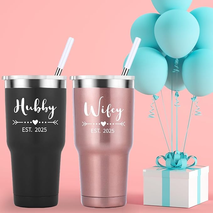 Mamihlap Hubby & Wifey Est 2025 Travel Mug 30oz Tumbler.Valentine’s Day Gifts.Anniversary Wedding Engagement Gifts.Gift for Couple Her Him Bridal Shower Husband Wife Newlywed Couple.(Black&Rose Gold)