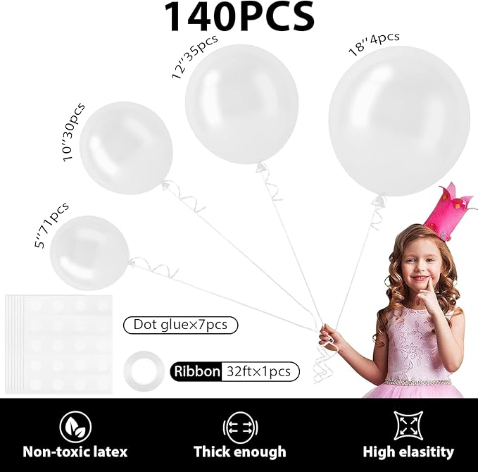 140pcs Balloon Arch Kit, White Balloons of Different Sizes Pack of 18 12 10 5 Inch Party Balloon Kit for Birthday Party or Balloon Arch as Graduation Wedding Baby Shower Anniversary Party Decorations