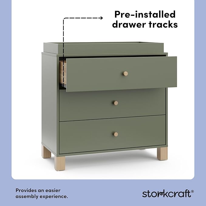 Storkcraft California 3-Drawer Chest with Removable Changing Topper (Olive with Driftwood) – GREENGUARD Gold Certified, Interlocking Drawer System, Pre-Installed Tracks, Easy Assembly