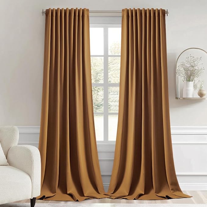 MIULEE Golden Brown Back Tab Blackout Curtains 108 Inch Long 2 Panels Set for Bedroom, Rod Pocket/Pinch Pleat Extra Long Thermal Insulated Living Room Darkening Pleated Light Blocking Drapes