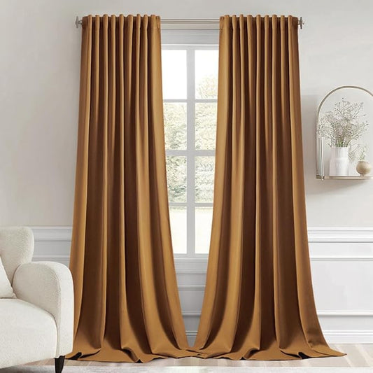 MIULEE Golden Brown Back Tab Blackout Curtain 96 Inch Long 2 Panels Set for Bedroom, Rod Pocket/Pinch Pleat Thermal Insulated Living Room Darkening Pleated Light Blocking Floor to Ceiling Drape