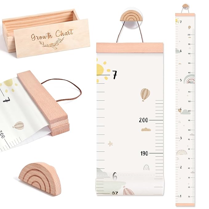 Growth Chart for Wall 7 Ft Height Chart with Keepsake Box & Hook Waterproof Canvas Measure Wall Ruler Removable Neutral Nursery Wall Decor for Baby Kids Toddlers