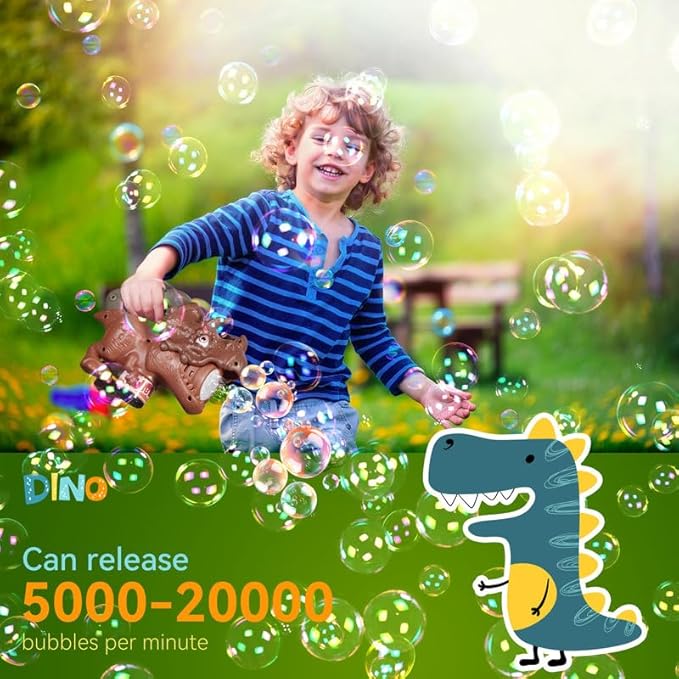 Dinosaur Bubble Machine with Colorful Lighting for Kids Automatic Handheld Dinosaur Bubble Toy 20000+ Big Bubbles Per Minute Bubbles Toy for Outdoor Parties Yard Fun Kids Gift Tyrannosaurus Brown