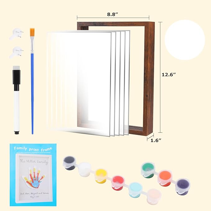 Family Handprint Kit,DIY Colorful Craft Keepsake Family Art Baby Newborn Hand and Footprint Wooden Frame for Home Decor Family Gifts Set(5 Sheets with 8 Colors) (Wood)