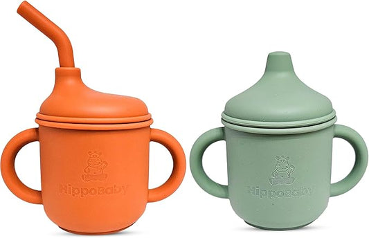 Silicone Transition Sippy Cup for 6+ month old | Includes 1 Toddler straw cup & 1 Baby Sippy Cup with Handles 5 oz | Perfect for Baby Led Weaning (Autumn/Mint, 5 oz)